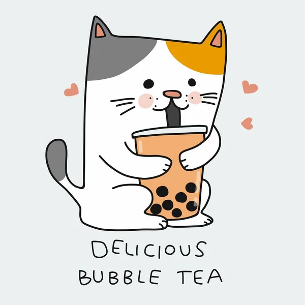 Cat Drink Bublina Čaj Kreslený Vektor Ilustrace Doodle Styl — Stockový vektor