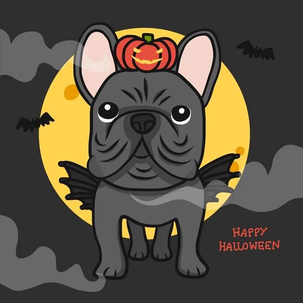 Bulldog Francese Con Ala Zucca Mostro Luna Piena Felice Halloween — Vettoriale Stock