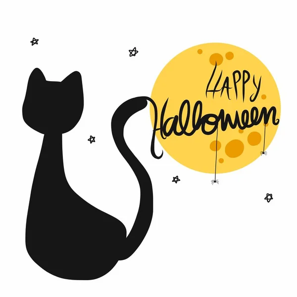 Felice Halloween Gatto Nero Luna Piena Fumetto Vettoriale Illustrazione — Vettoriale Stock