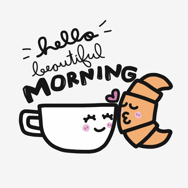 美丽的早茶杯和羊角面包情侣亲吻卡通人物图解涂鸦风格 — 图库矢量图片