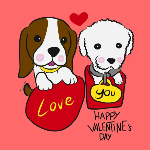 Chiot Caniche Beagle Couple Happy Valentine Day Illustration Vectorielle Dessin — Image vectorielle