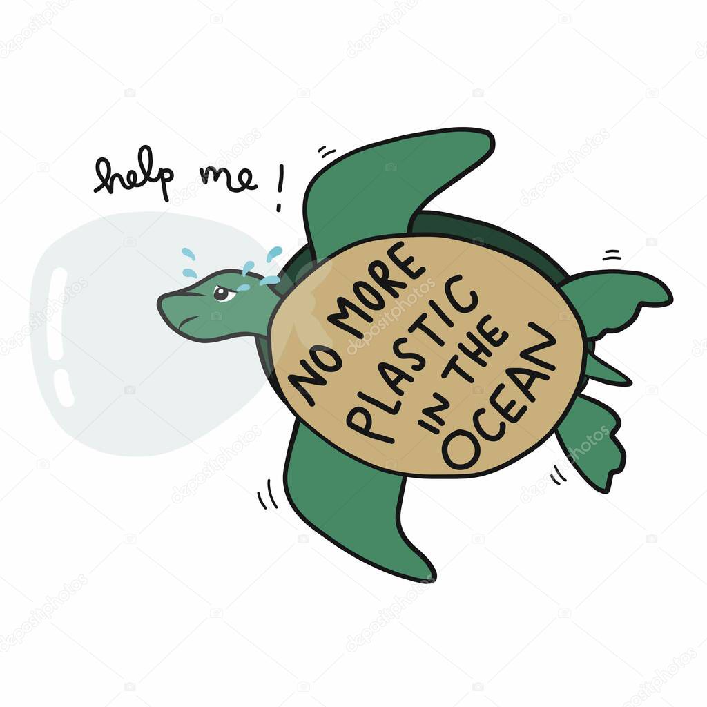 No more plastic in the ocean, sea turtles crying because plastic head struck in plastic bah and asking for help cartoon vector illustration doodle style