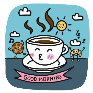 Günaydın kahve fincanı ve kahvaltı arkadaşı çizgi film vektör çizimi karalama stili