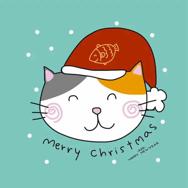 Leuke Kat Met Kerstmuts Vrolijk Kerstfeest Gelukkig Nieuwjaar Cartoon Vector — Stockvector