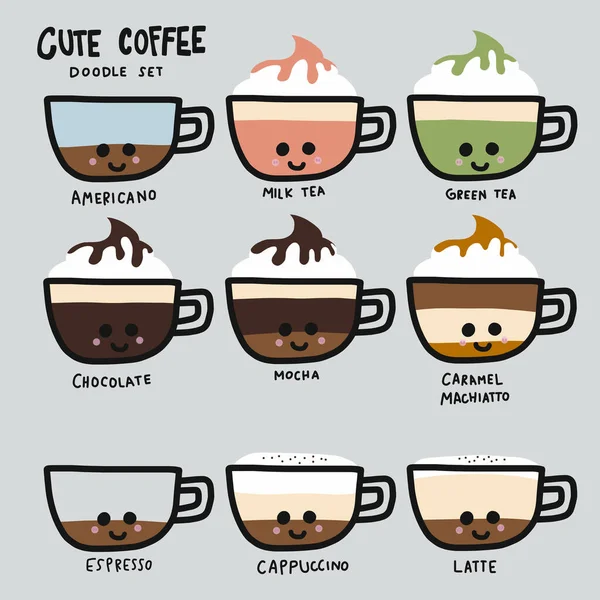 可爱的咖啡型套装涂鸦风格卡通矢量插图 — 图库矢量图片