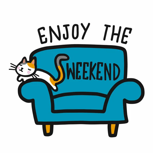 Hafta sonu sözcüğünün tadını çıkar ve şirin kedi kanepede uyuyacak vektör karalama stilinde.