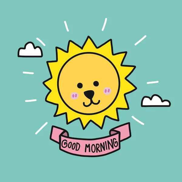 早上好可爱的太阳升起卡通人物图解涂鸦风格 — 图库矢量图片