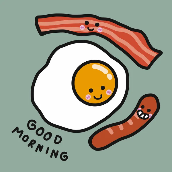 早晨好 咸肉和腊肠卡通病媒演示涂鸦风格 — 图库矢量图片