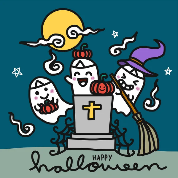 Felice Festa Fantasma Halloween Tomba Carino Cartone Animato Vettoriale Illustrazione — Vettoriale Stock