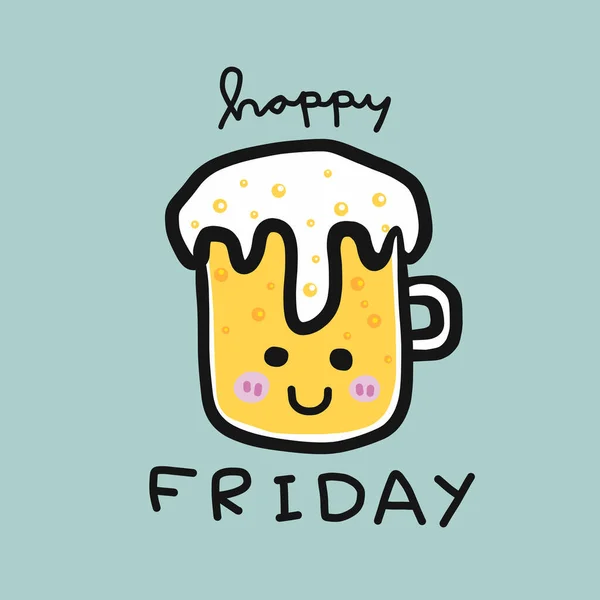 Happy Friday Word Cold Beer Glass Smile Cartoon Vector Illustration — Stock Vector