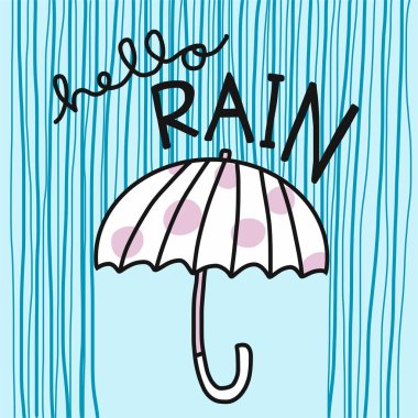 Merhaba Yağmur kelimesi, şemsiye ve yağmur vektörü karikatürü çizimi