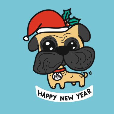 Pug dog Noel Baba şapkası takıyor vektör çizimi