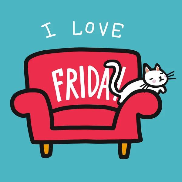 Love Friday Word Cute Cat Sleep Sofa Cartoon Vector Doodle — Stock Vector