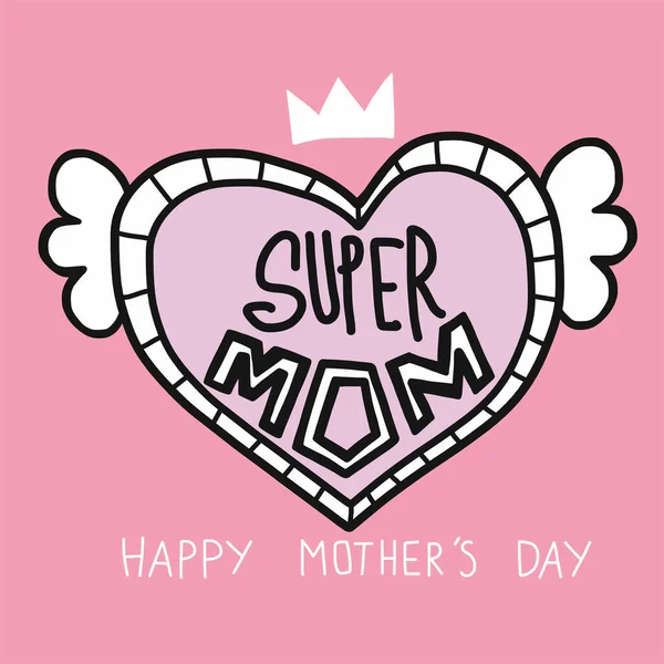 Super Mom Wort Herzen Glücklich Muttertag Vektor Illustration — Stockvektor
