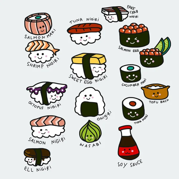 Lindo Sushi Conjunto Dibujos Animados Vector Ilustración Doodle Estilo — Vector de stock