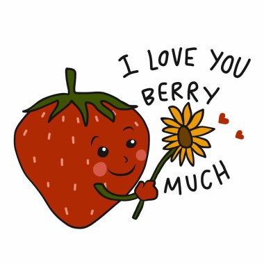 Seni çok seviyorum çilek, ayçiçeği vektör çizimi yap.