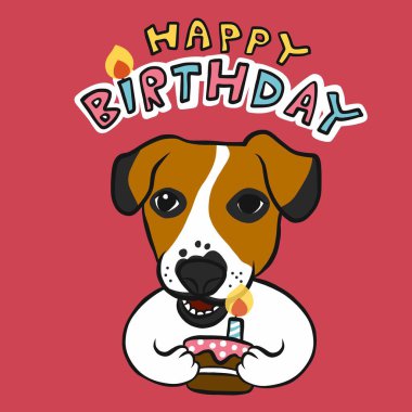 İyi ki doğdun Jack Russell ve pasta çizgi filmi vektör çizimi