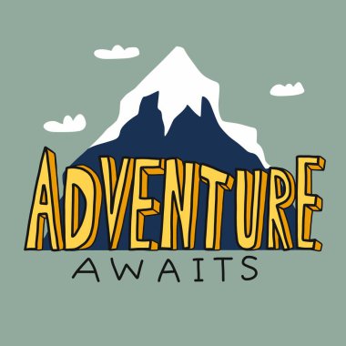 Macera dağ çizgi filmi vektör illüstrasyonunun önünde kelime komik stili bekliyor