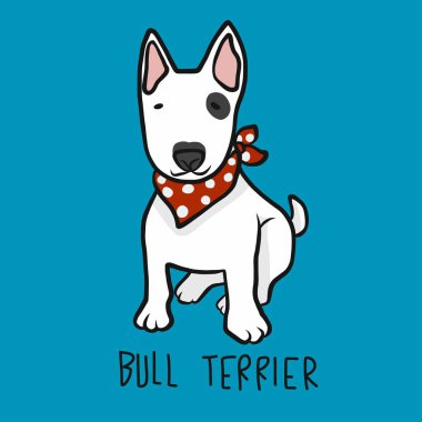 Bull Terrier köpeği kırmızı eşarp çizgi film çizimi takıyor.