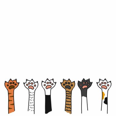 Beyaz arkaplanda kedi patisi karikatürü. Kopyalama alanı vektör çizim biçimi.