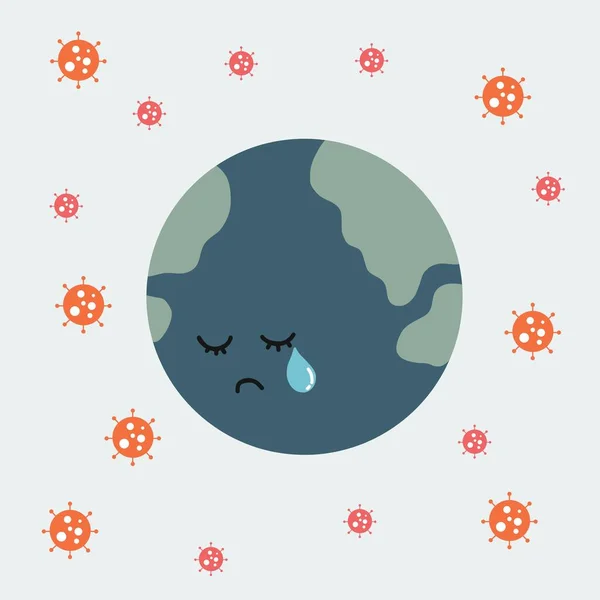 Coronavirus Attacking Earth Earth Crying Cartoon Vector Illustration — Stock Vector