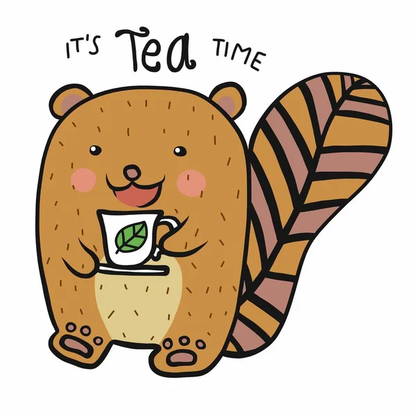 Eichhörnchen Und Teetasse Ist Teezeit Cartoon Vektor Illustration — Stockvektor