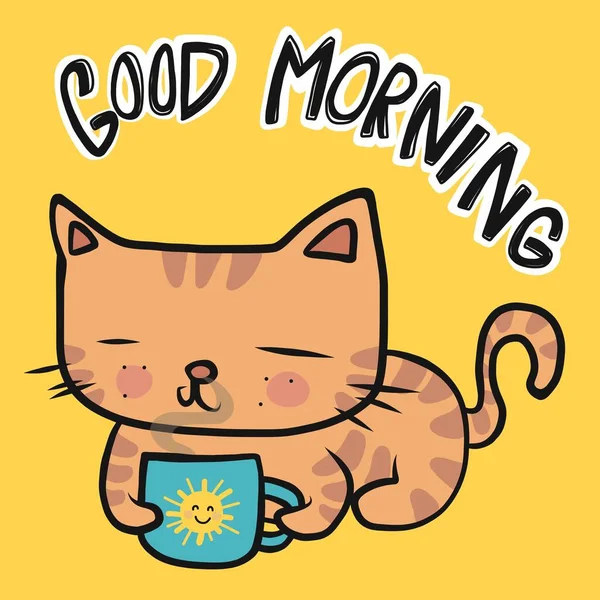 橙肥猫与早晨好的咖啡杯卡通病媒图解 — 图库矢量图片