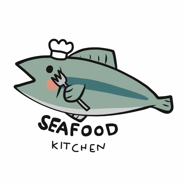 Logotipo Cocina Mariscos Ilustración Vectores Dibujos Animados Chef Pescado — Vector de stock