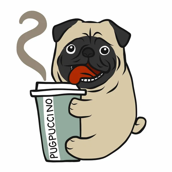Mops Umarmung Zum Mitnehmen Kaffeetasse Pugpuccino Zeichentrickvektorillustration — Stockvektor