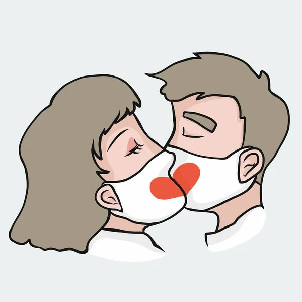 Frau Und Mann Küssen Sich Maske Cartoon Vektor Illustration — Stockvektor