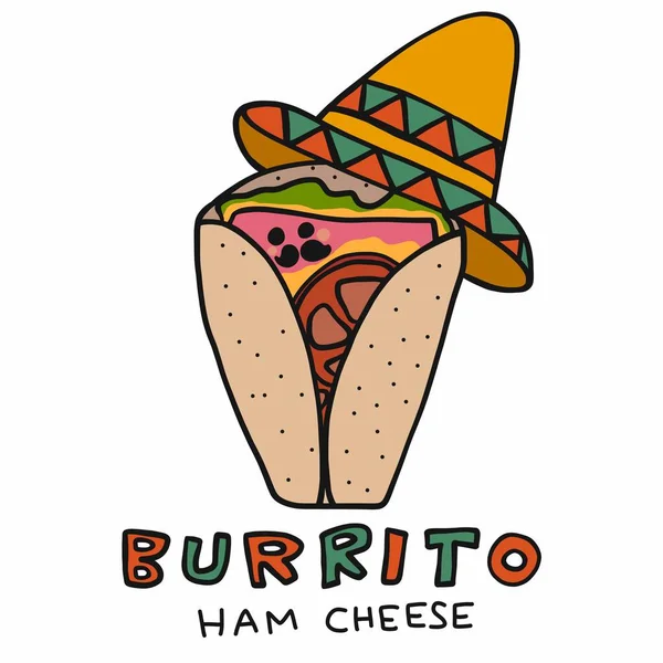 Burrito Schinken Käse Tragen Mexikanischen Hut Cartoon Vektor Illustration — Stockvektor