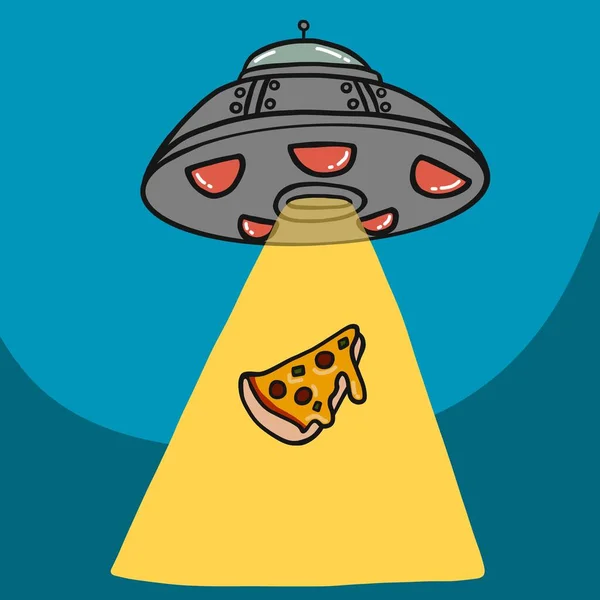 UFO, pizza karikatürü vektör illüstrasyonunun bir parçasını kaçırdı
