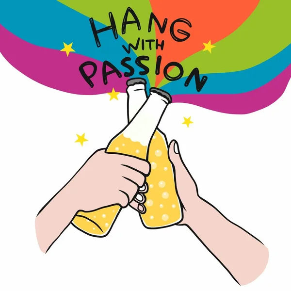 Hang Met Passie Bier Fles Proost Cartoon Vector Illustratie — Stockvector