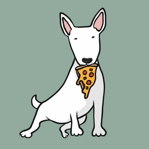 Bull Terrier Cão Comendo Pizza Desenho Animado Vetor Ilustração — Vetor de Stock