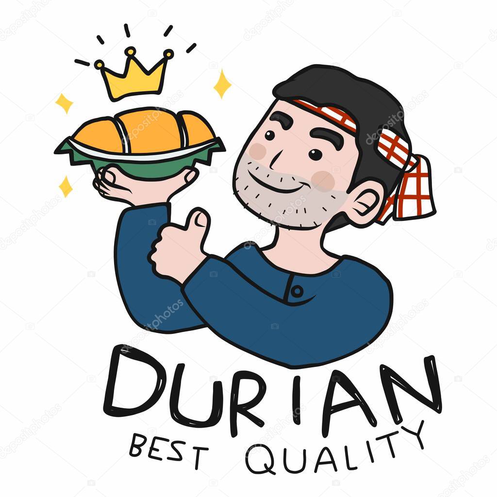 Durian beat quality in farmer hand with thumb up cartoon vector illustration