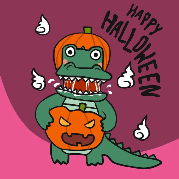 Cocodrilo Monstruo Usar Sombrero Calabaza Traer Monstruo Calabaza Halloween Dibujo — Vector de stock