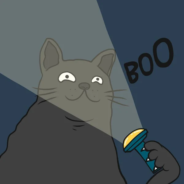 Negro Gato Gordo Jugar Con Linterna Cara Decir Boo Concepto — Vector de stock