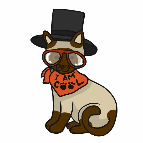 Cool Katt Bära Hatt Och Glasögon Tecknad Vektor Illustration — Stock vektor