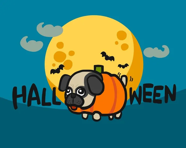 Pug Citrouille Halloween Pleine Lune Dessin Animé Vectoriel Illustration — Image vectorielle