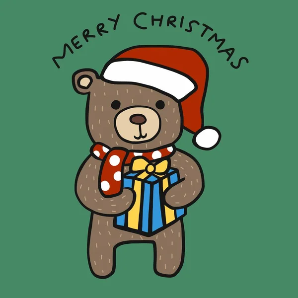 Bear Dragen Santa Hoed Breng Geschenkdoos Vrolijk Kerst Cartoon Vector — Stockvector