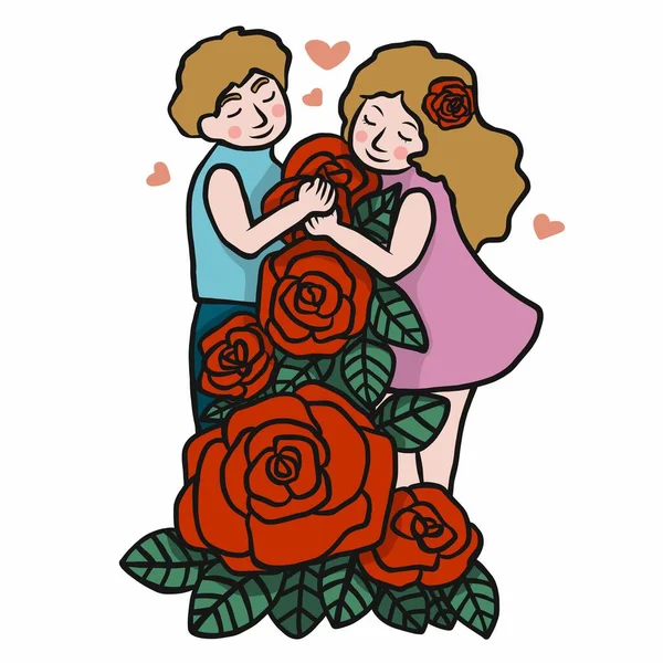 Mann Und Frau Umarmen Große Rosen Cartoon Vektor Illustration — Stockvektor