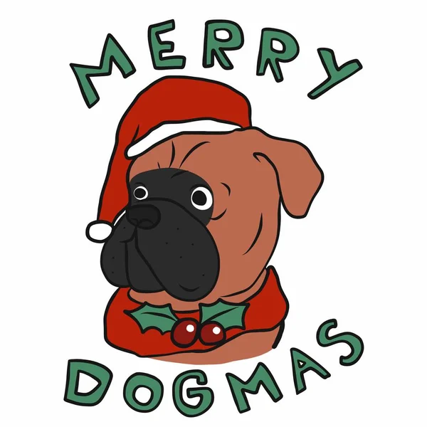 Merry Dogmas Boxer Chien Porter Santa Chapeau Dessin Animé Vectoriel — Image vectorielle