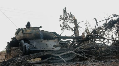 Yok edilmiş bir tankın üzerinde duran dövüşçüler.