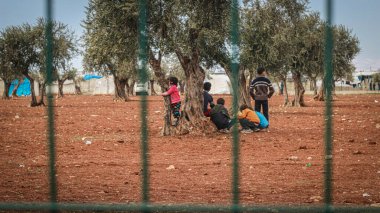 Idlib, Suriye 14 Ocak 2019: Mülteci çadırları ağaçların arasına yayıldı, mülteci çocuklar ağaçların arasında oynuyor.