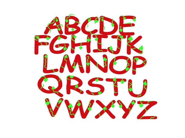 Alphabet Latin Dessin Main Illustration Rouge Avec Lettres Feuilles Vertes — Image vectorielle