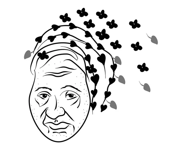 Стара Жінка Квіти Листя Волоссям Ілюстрація Малювання Рук Бабуся Юне — стоковий вектор