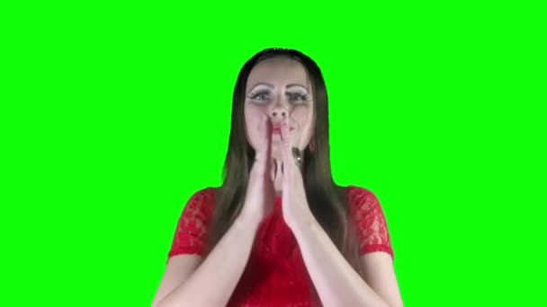 Verzoek Gebed Smeekbede Jonge Mooie Vrouw Een Rode Jurk Met — Stockvideo