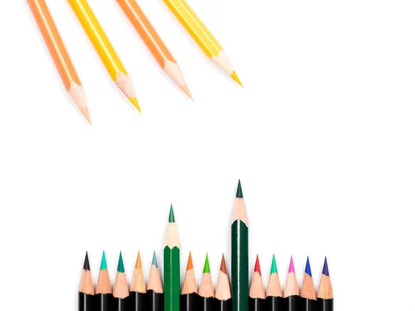 Yellow and orange pencils as sunlight black pencils as ground and two green pencils as small and big sprouts on the white background, close up