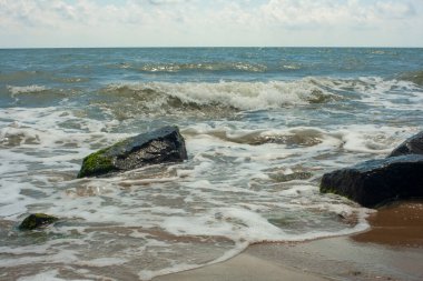 Büyük bir dalganın yatay görüntüsü kıyıya vuruyor. Issız bir sahilde yeşil yosunlarla kaplı bir taş. Köpüklü deniz suyu.