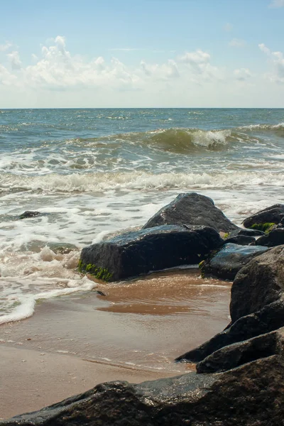 Einem Einsamen Strand Brechen Die Meereswellen Auf Mit Grünem Moos — Stockfoto